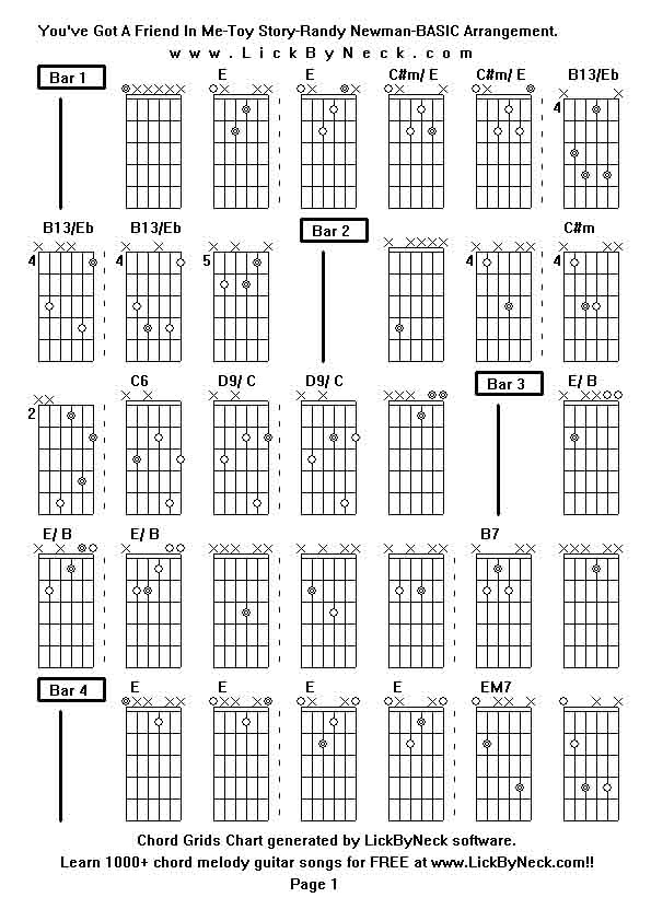 Chord Grids Chart of chord melody fingerstyle guitar song-You've Got A Friend In Me-Toy Story-Randy Newman-BASIC Arrangement,generated by LickByNeck software.